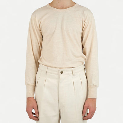 Men's cream plain long sleeve crew neck T-shirt