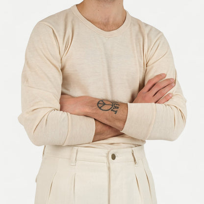 Men's cream plain long sleeve crew neck T-shirt
