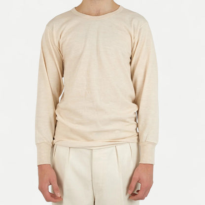 Men's cream plain long sleeve crew neck T-shirt