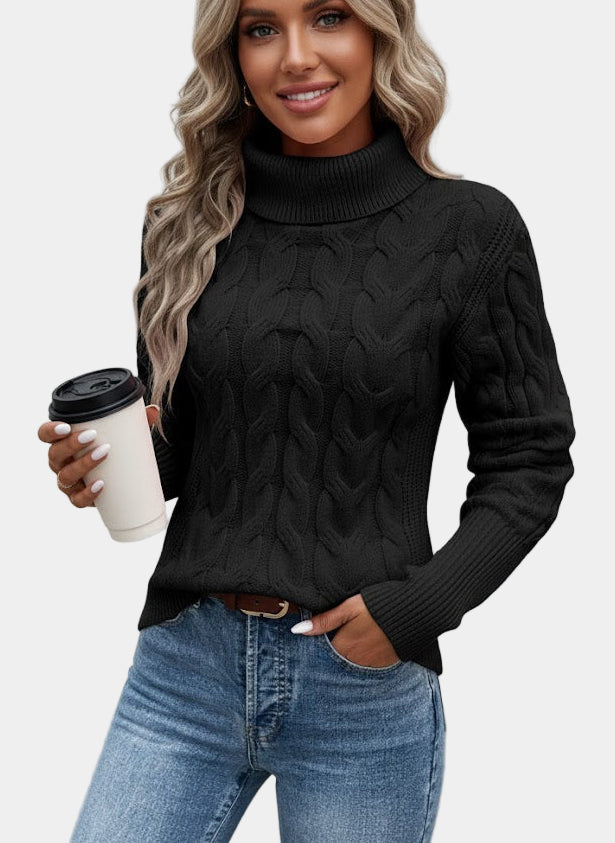 Women's cable knit turtleneck sweater with long sleeves