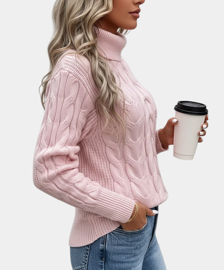 Women's cable knit turtleneck sweater with long sleeves