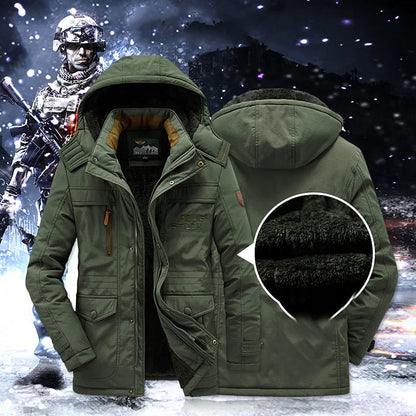 Men's hooded mid-length parka shown in green and black with multiple pockets