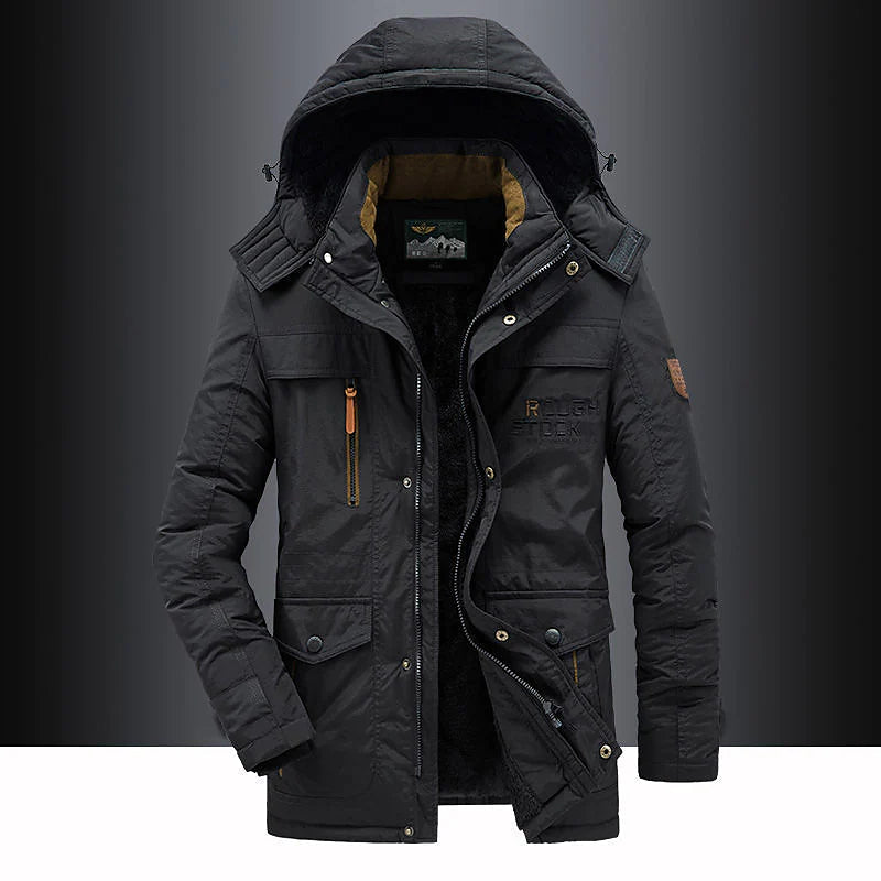 Men's hooded mid-length parka shown in green and black with multiple pockets