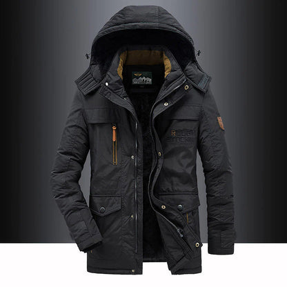Men's hooded mid-length parka shown in green and black with multiple pockets