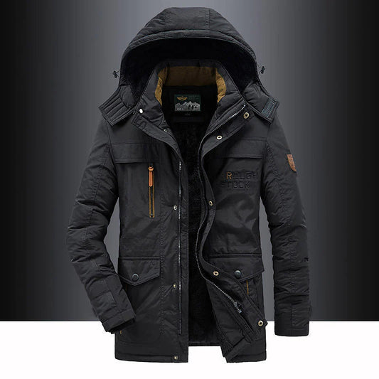 Men's hooded mid-length parka shown in green and black with multiple pockets