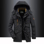 Men's hooded mid-length parka shown in green and black with multiple pockets