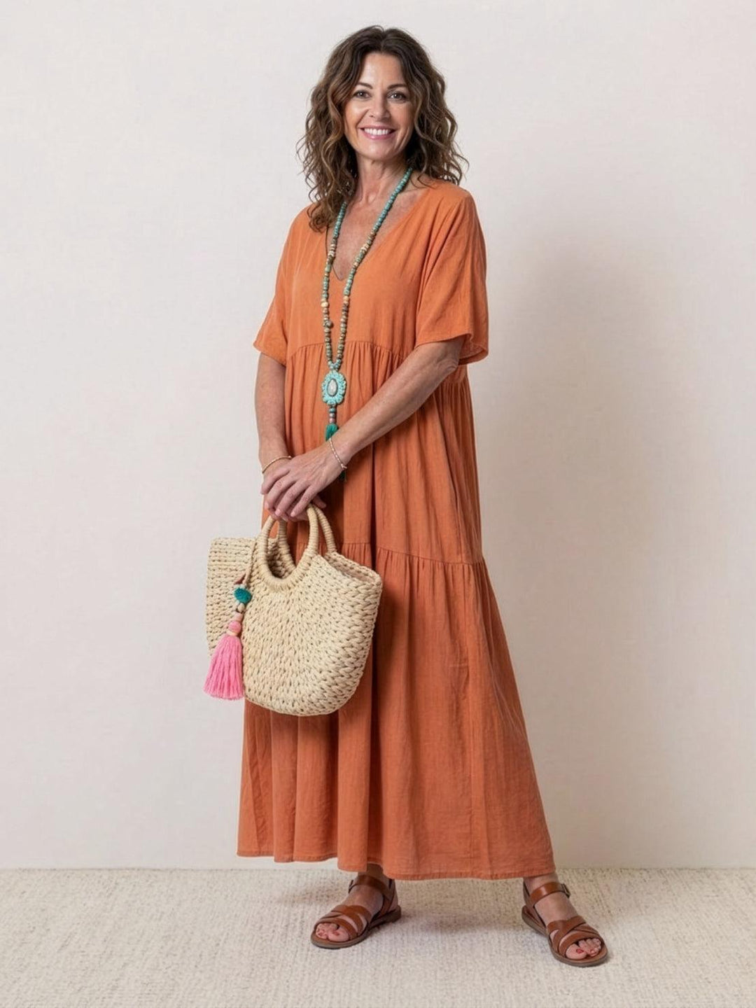 Women's Tiered Maxi Dress — V-Neck Flowing Bohemian Summer Maxi Dress