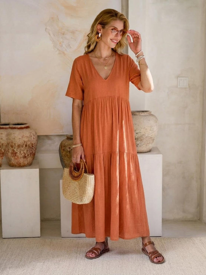 Women's Tiered Maxi Dress — V-Neck Flowing Bohemian Summer Maxi Dress