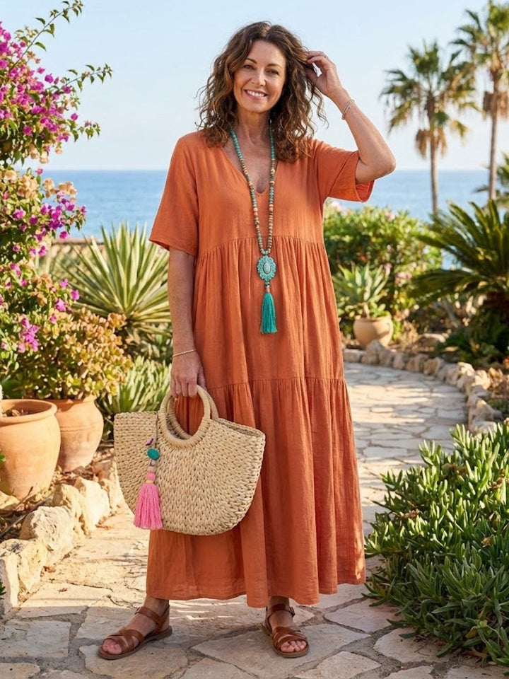 Women's Tiered Maxi Dress — V-Neck Flowing Bohemian Summer Maxi Dress