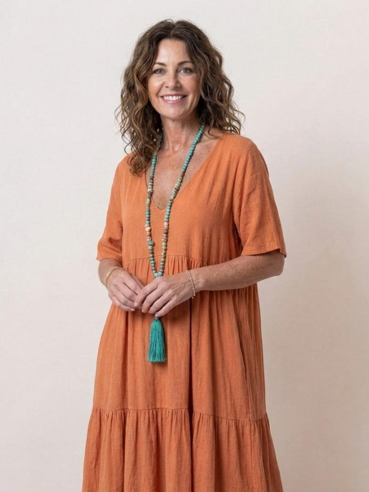 Women's Tiered Maxi Dress — V-Neck Flowing Bohemian Summer Maxi Dress