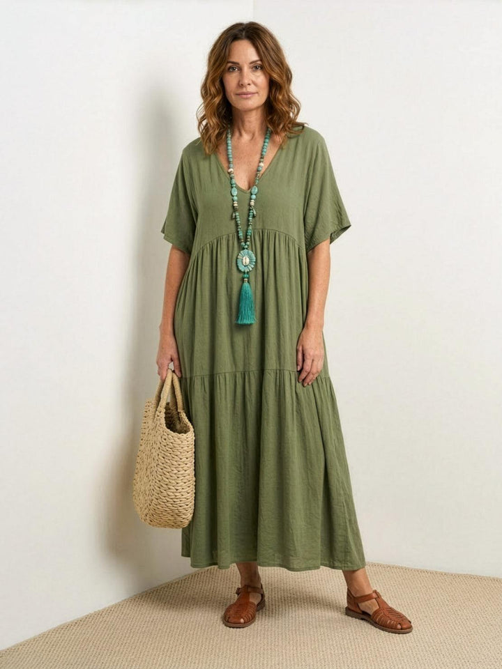 Women's Tiered Maxi Dress — V-Neck Flowing Bohemian Summer Maxi Dress