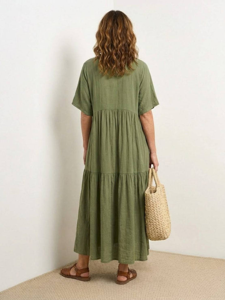 Women's Tiered Maxi Dress — V-Neck Flowing Bohemian Summer Maxi Dress