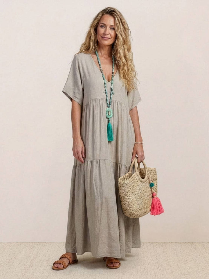 Women's Tiered Maxi Dress — V-Neck Flowing Bohemian Summer Maxi Dress
