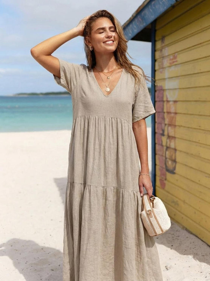 Women's Tiered Maxi Dress — V-Neck Flowing Bohemian Summer Maxi Dress