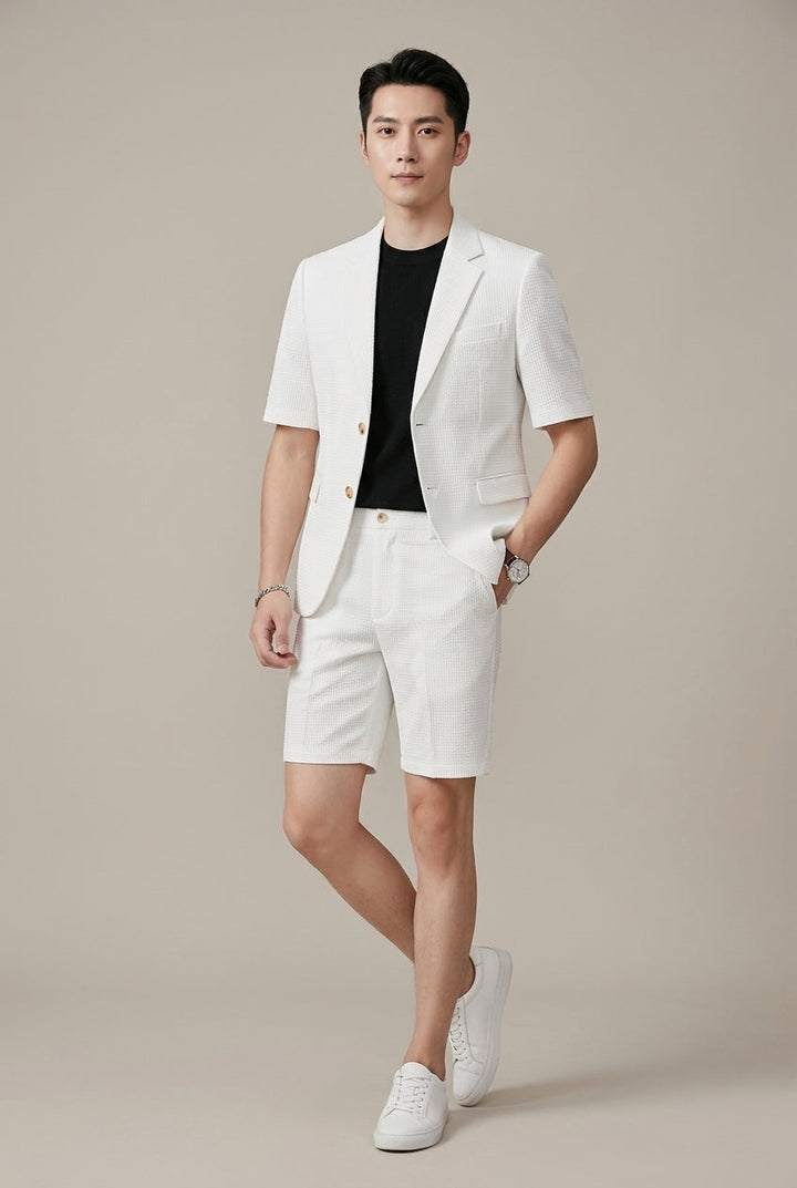Men's Seersucker Blazer and Shorts Set, Short Sleeve, Notch Lapel