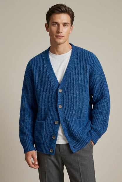 Men's ribbed knit cardigan with V-neck, button front and patch pockets