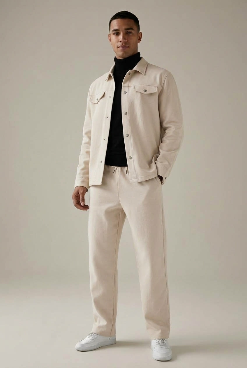 Men's two-piece jacket and straight-leg trousers set with button-front jacket