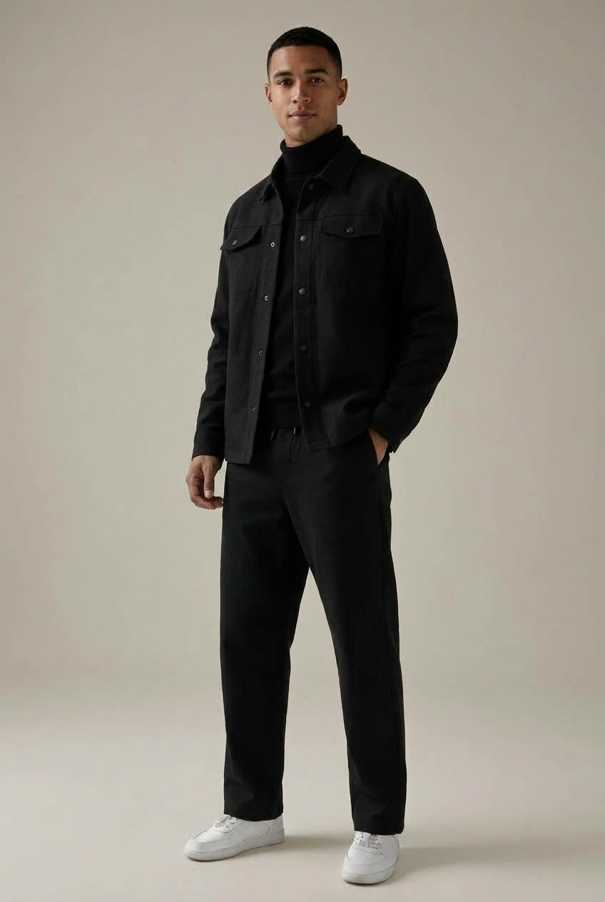 Men's two-piece jacket and straight-leg trousers set with button-front jacket
