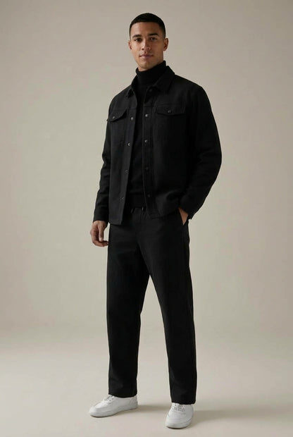 Men's two-piece jacket and straight-leg trousers set with button-front jacket