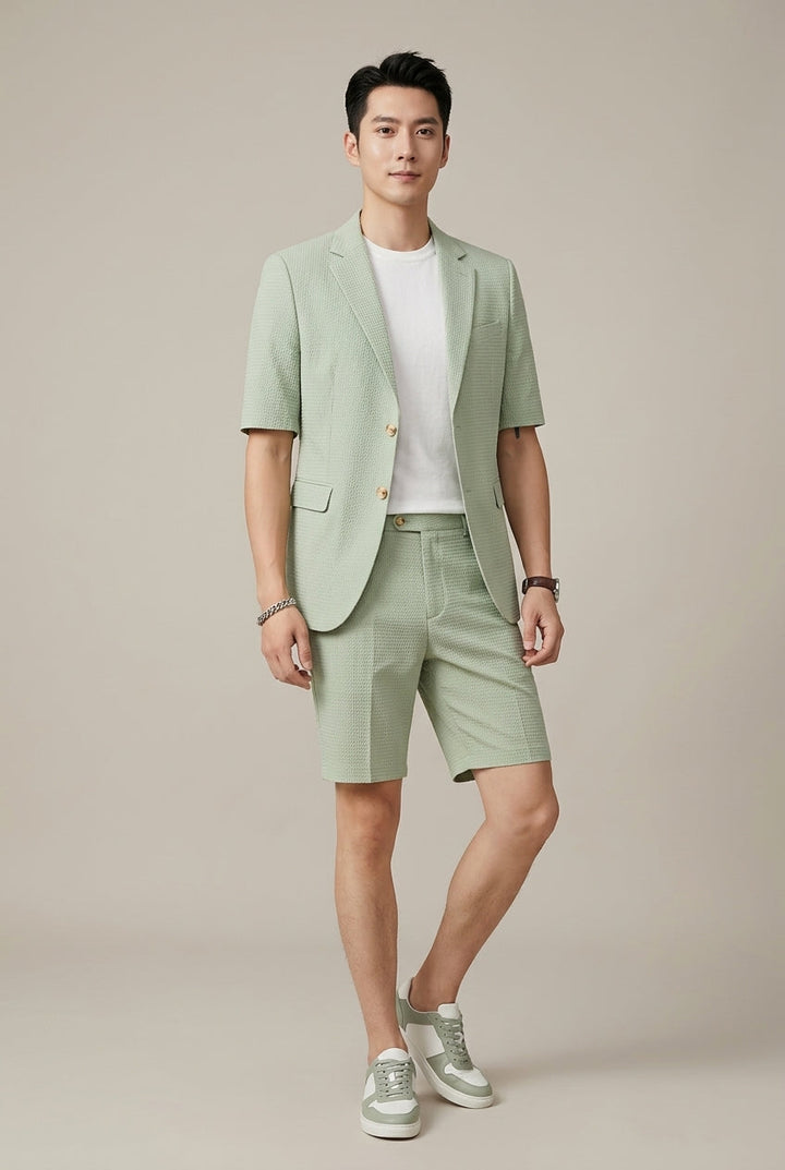 Men's Seersucker Blazer and Shorts Set, Short Sleeve, Notch Lapel
