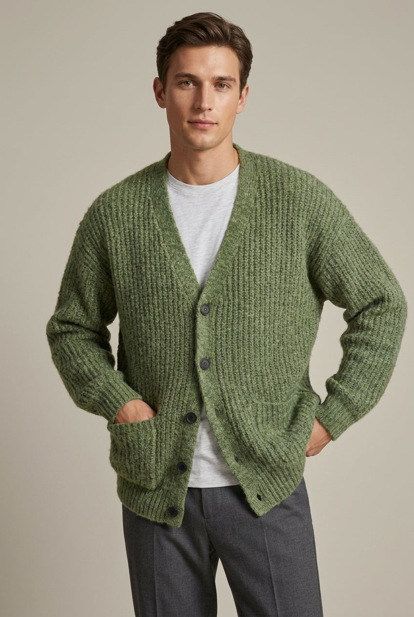 Men's ribbed knit cardigan with V-neck, button front and patch pockets