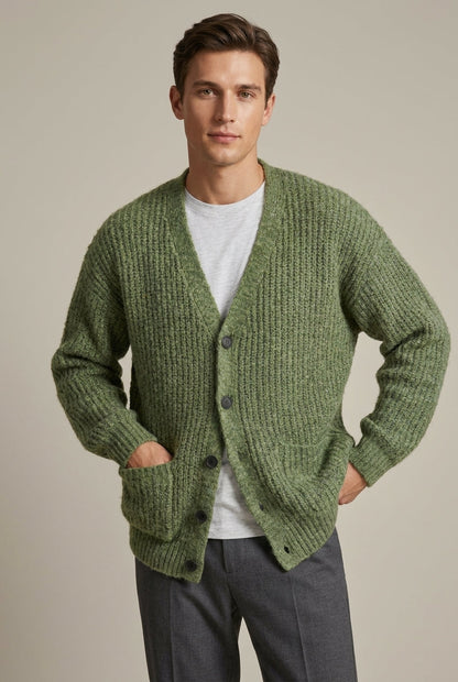 Men's ribbed knit cardigan with V-neck, button front and patch pockets