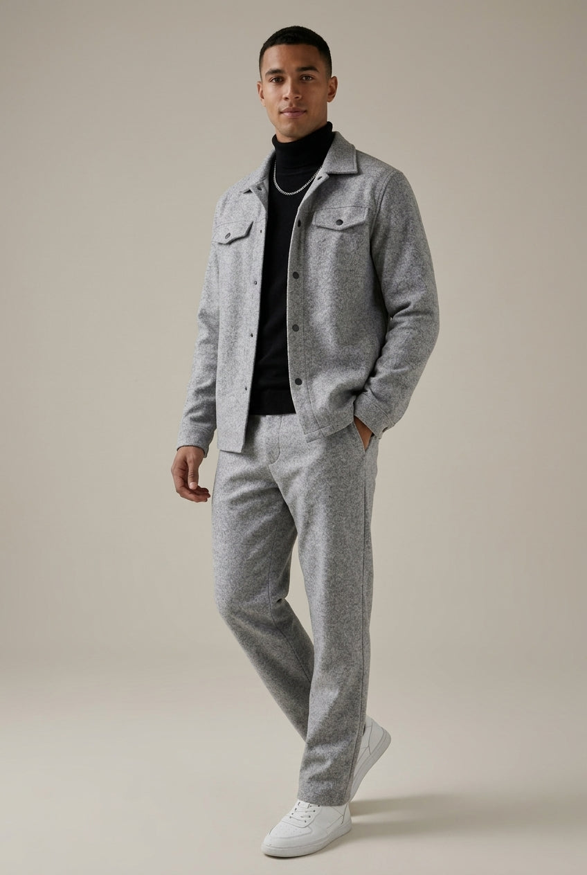 Men's two-piece jacket and straight-leg trousers set with button-front jacket