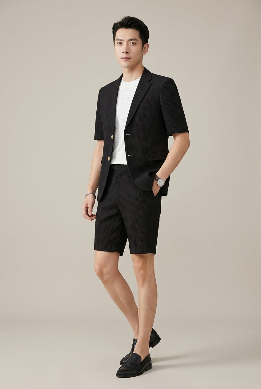 Men's Seersucker Blazer and Shorts Set, Short Sleeve, Notch Lapel