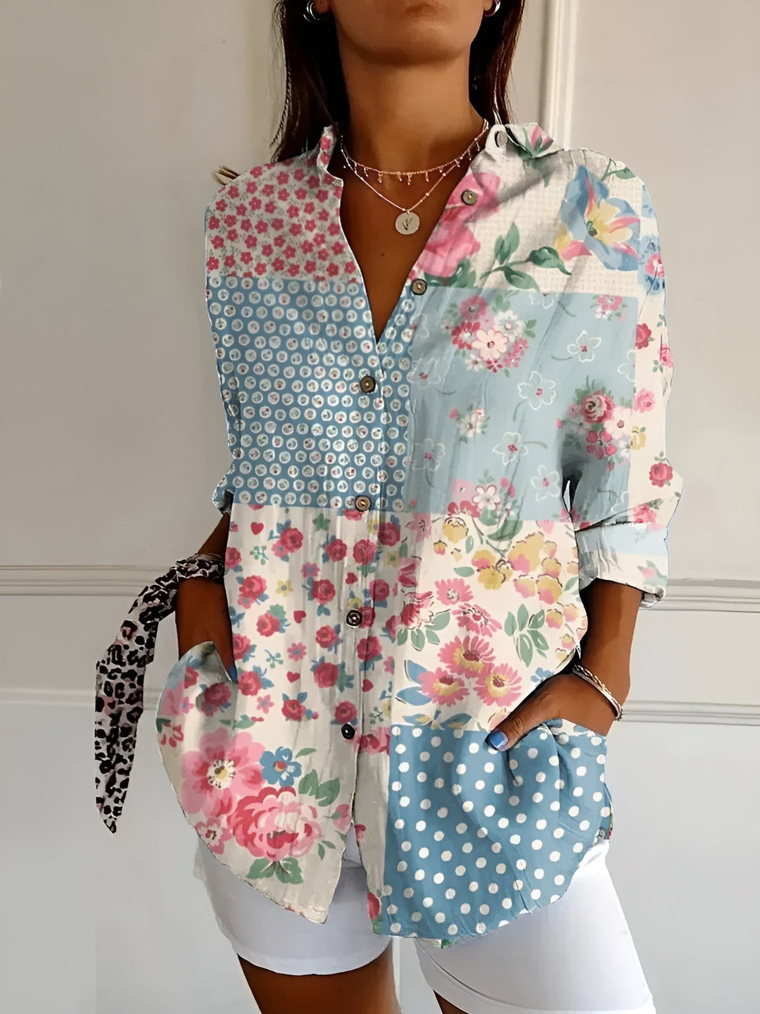 Women's Abstract Print Split-Neck Blouse — Button-Front Roll-Up Sleeve Casual Top