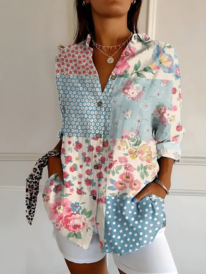 Women's Abstract Print Split-Neck Blouse — Button-Front Roll-Up Sleeve Casual Top