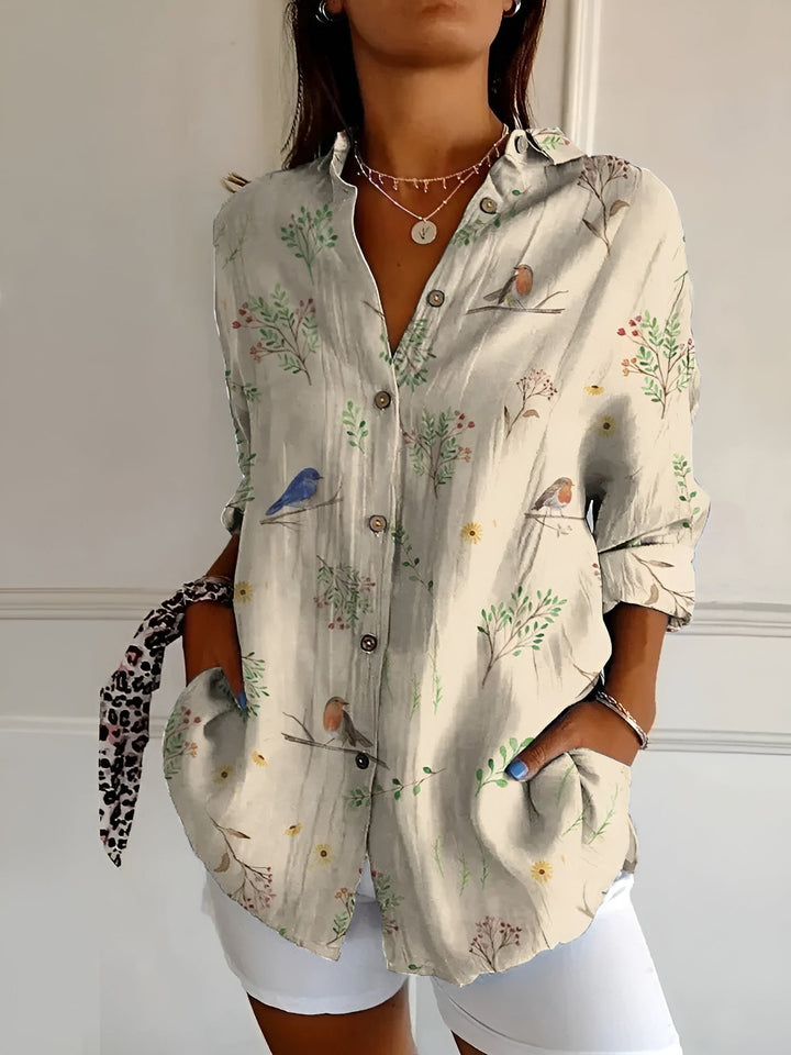 Women's Abstract Print Split-Neck Blouse — Button-Front Roll-Up Sleeve Casual Top