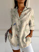 Women's Abstract Print Split-Neck Blouse — Button-Front Roll-Up Sleeve Casual Top