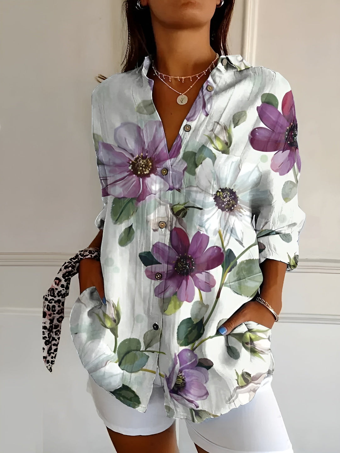 Women's Abstract Print Split-Neck Blouse — Button-Front Roll-Up Sleeve Casual Top