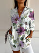 Women's Abstract Print Split-Neck Blouse — Button-Front Roll-Up Sleeve Casual Top