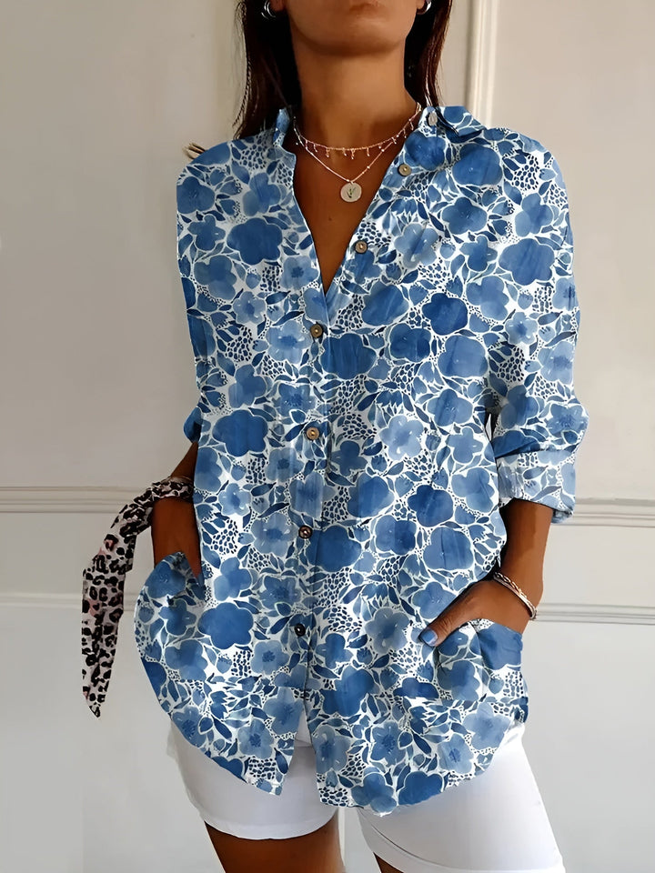 Women's Abstract Print Split-Neck Blouse — Button-Front Roll-Up Sleeve Casual Top