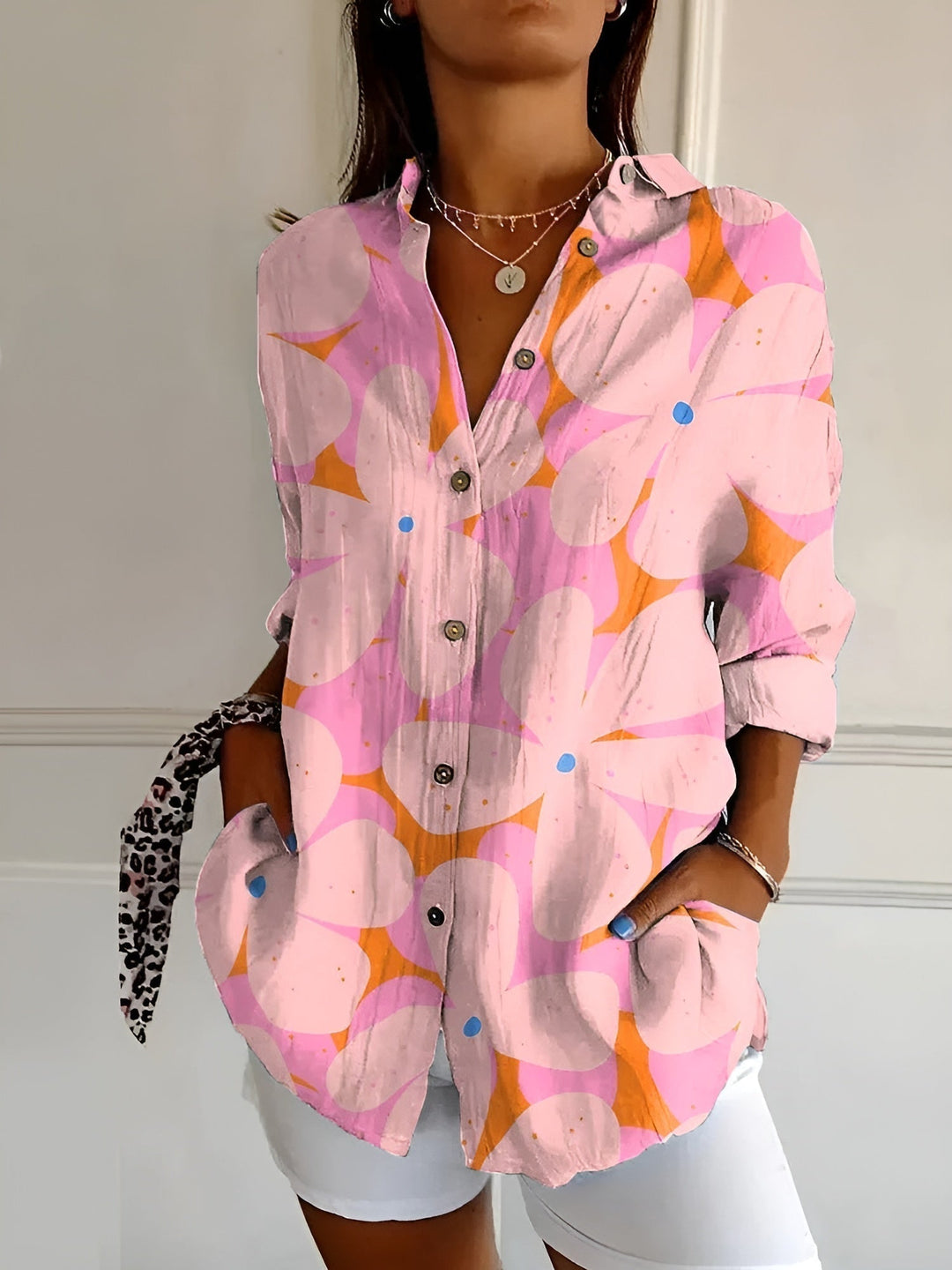 Women's Abstract Print Split-Neck Blouse — Button-Front Roll-Up Sleeve Casual Top
