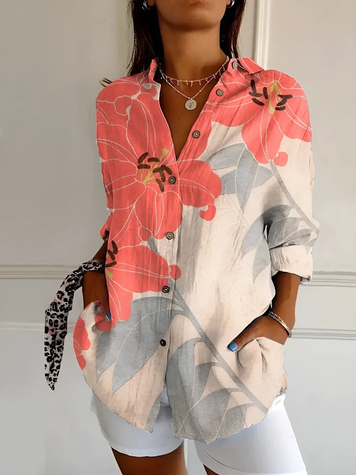 Women's Abstract Print Split-Neck Blouse — Button-Front Roll-Up Sleeve Casual Top