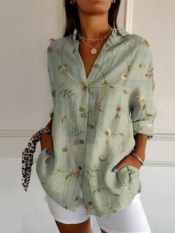 Women's Abstract Print Split-Neck Blouse — Button-Front Roll-Up Sleeve Casual Top
