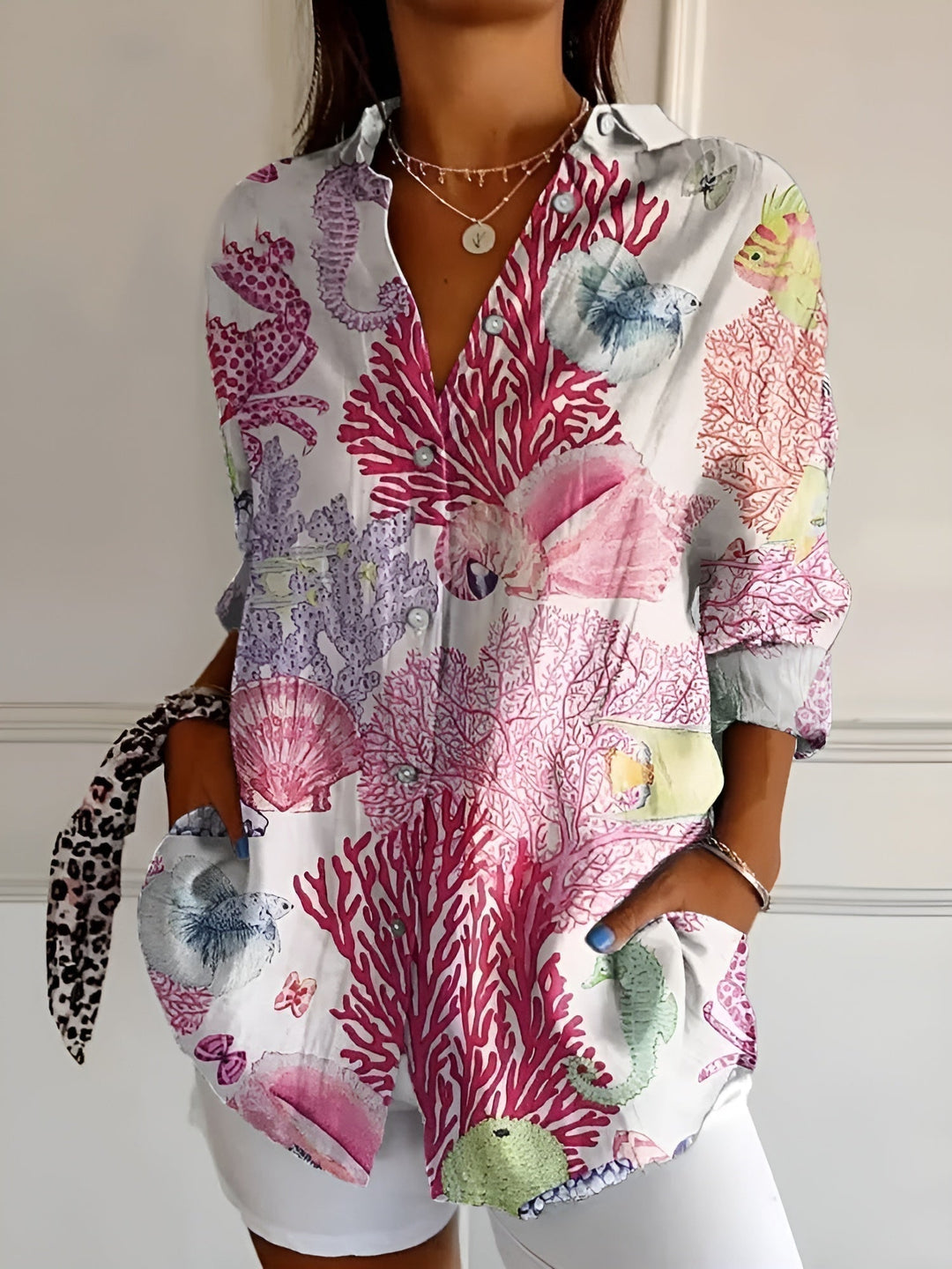 Women's Abstract Print Split-Neck Blouse — Button-Front Roll-Up Sleeve Casual Top