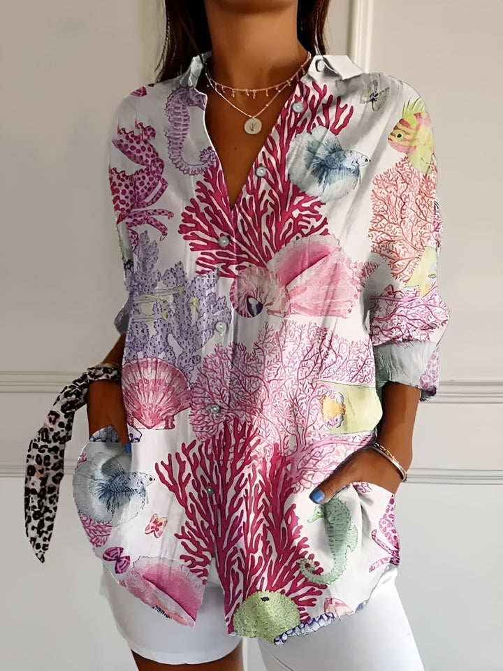 Women's Abstract Print Split-Neck Blouse — Button-Front Roll-Up Sleeve Casual Top