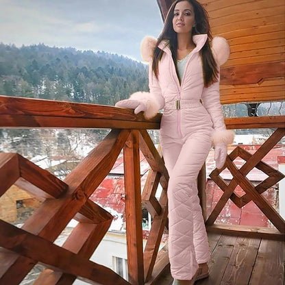 Women's quilted full-length ski jumpsuit with belt and high collar
