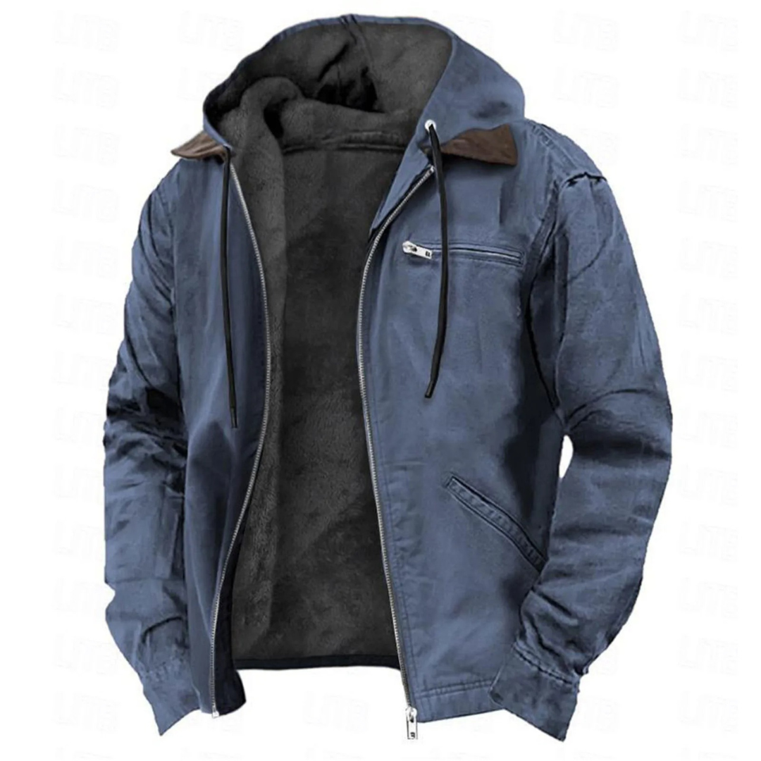 Men's hooded winter jacket with front zipper and multiple pockets