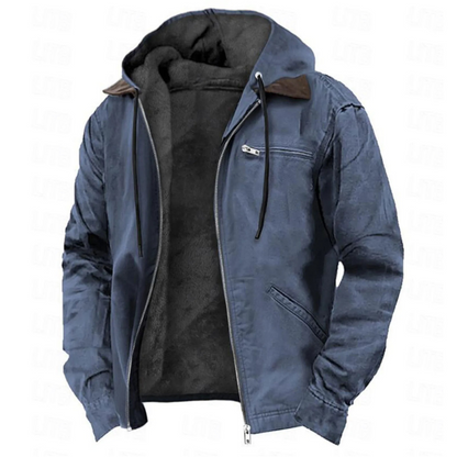 Men's hooded winter jacket with front zipper and multiple pockets