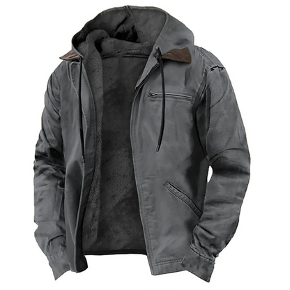 Men's hooded winter jacket with front zipper and multiple pockets