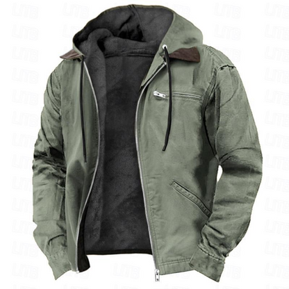 Men's hooded winter jacket with front zipper and multiple pockets