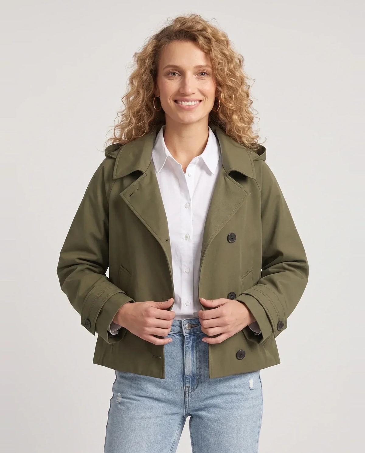 Women's short hooded trench jacket with button front and long sleeves