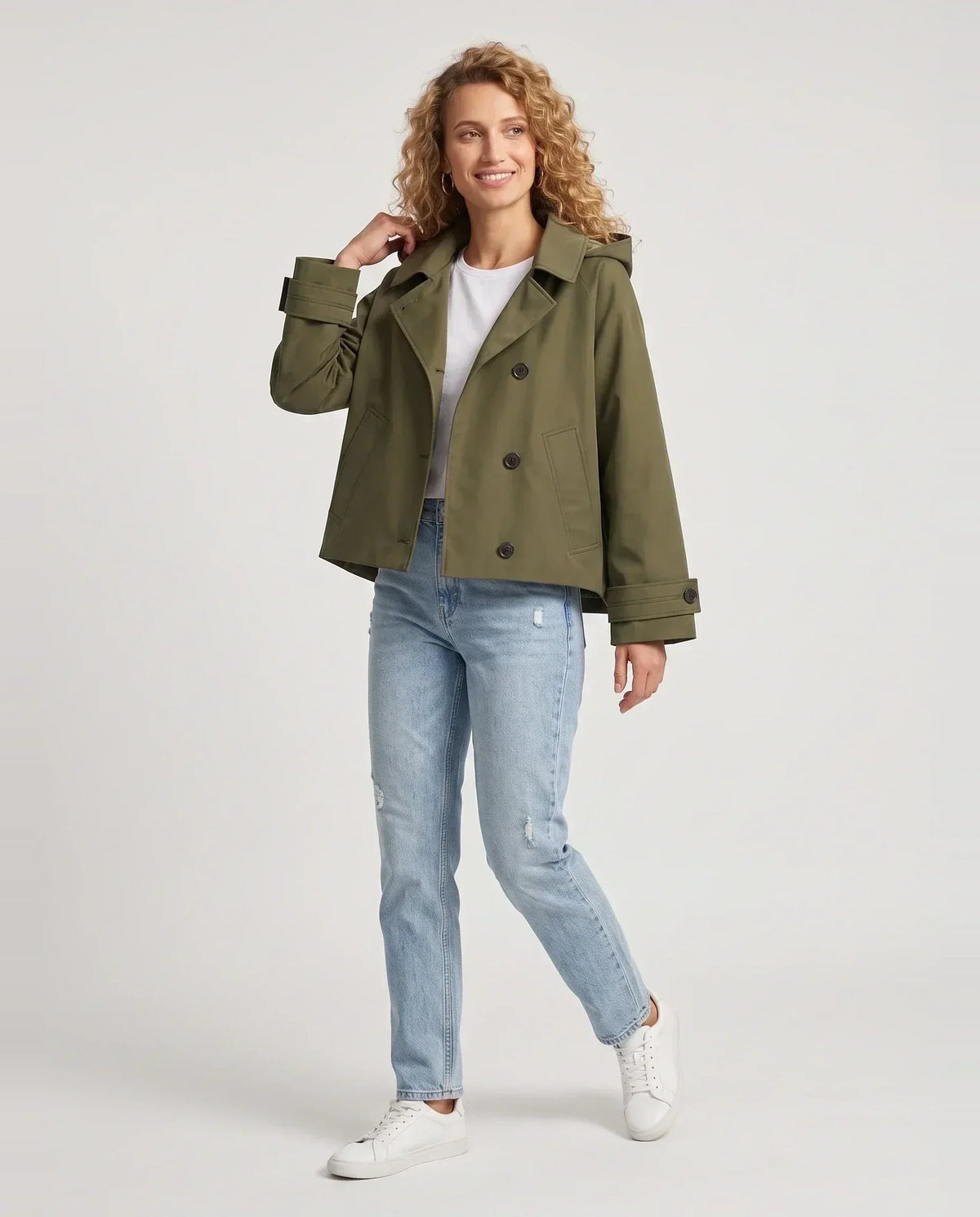 Women's short hooded trench jacket with button front and long sleeves