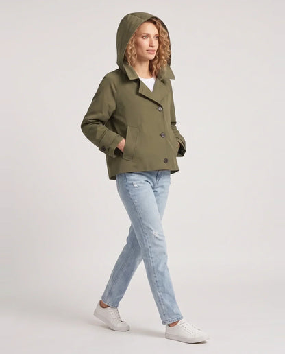 Women's short hooded trench jacket with button front and long sleeves
