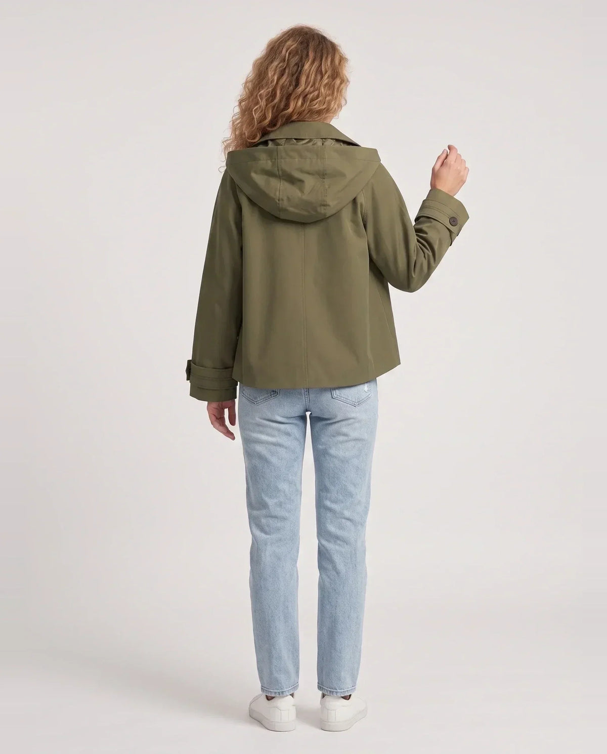 Women's short hooded trench jacket with button front and long sleeves