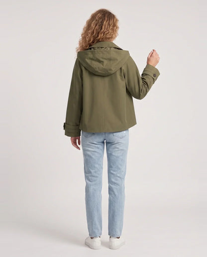Women's short hooded trench jacket with button front and long sleeves